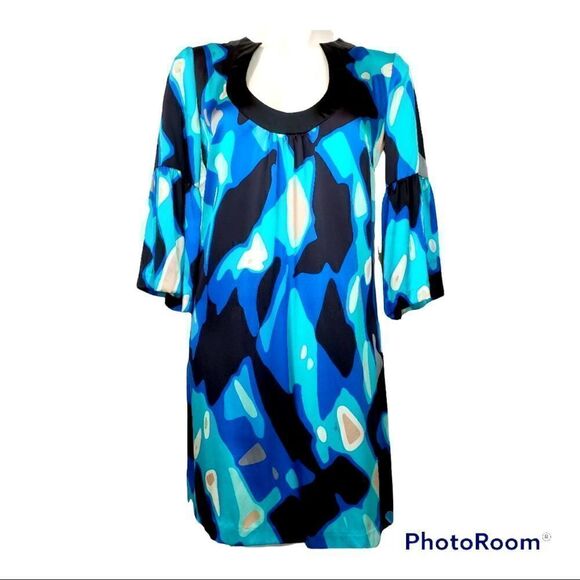 Trina Turk 100% Silk Pucci Style Mod Abstract Bell Sleeved Dress - Picture 1 of 16